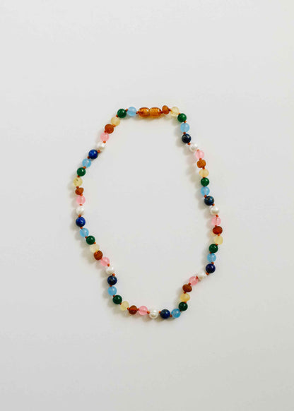 Raw Baltic Amber and Pearl Necklace + Sweet Pink Gemstones