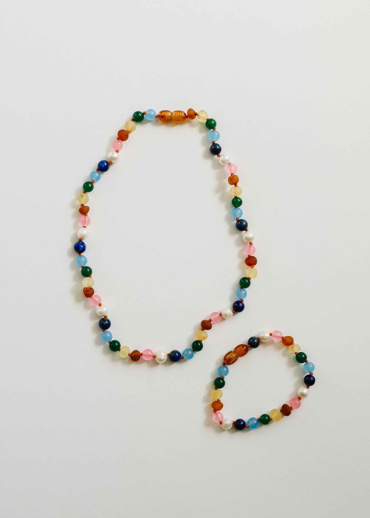 Raw Baltic Amber and Pearl Necklace + Sweet Pink Gemstones
