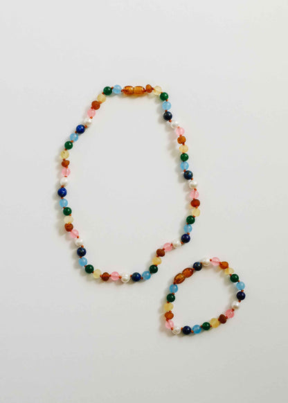 Raw Baltic Amber and Pearl Necklace + Sweet Pink Gemstones