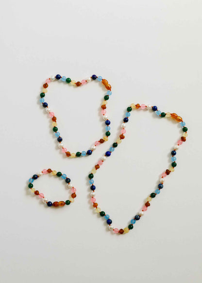 Raw Baltic Amber and Pearl Necklace + Sweet Pink Gemstones