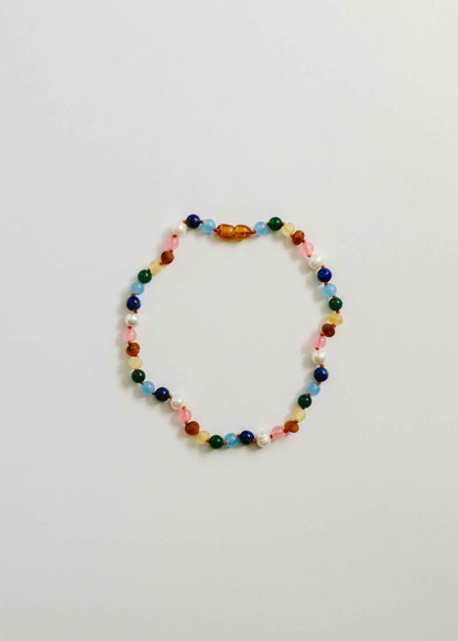 Raw Baltic Amber and Pearl Necklace + Sweet Pink Gemstones