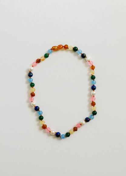 Raw Baltic Amber and Pearl Necklace + Sweet Pink Gemstones