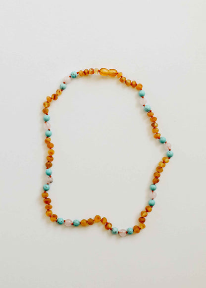 Raw Honey Baltic Amber and Natural Turquoise + Rose Quartz || Necklace