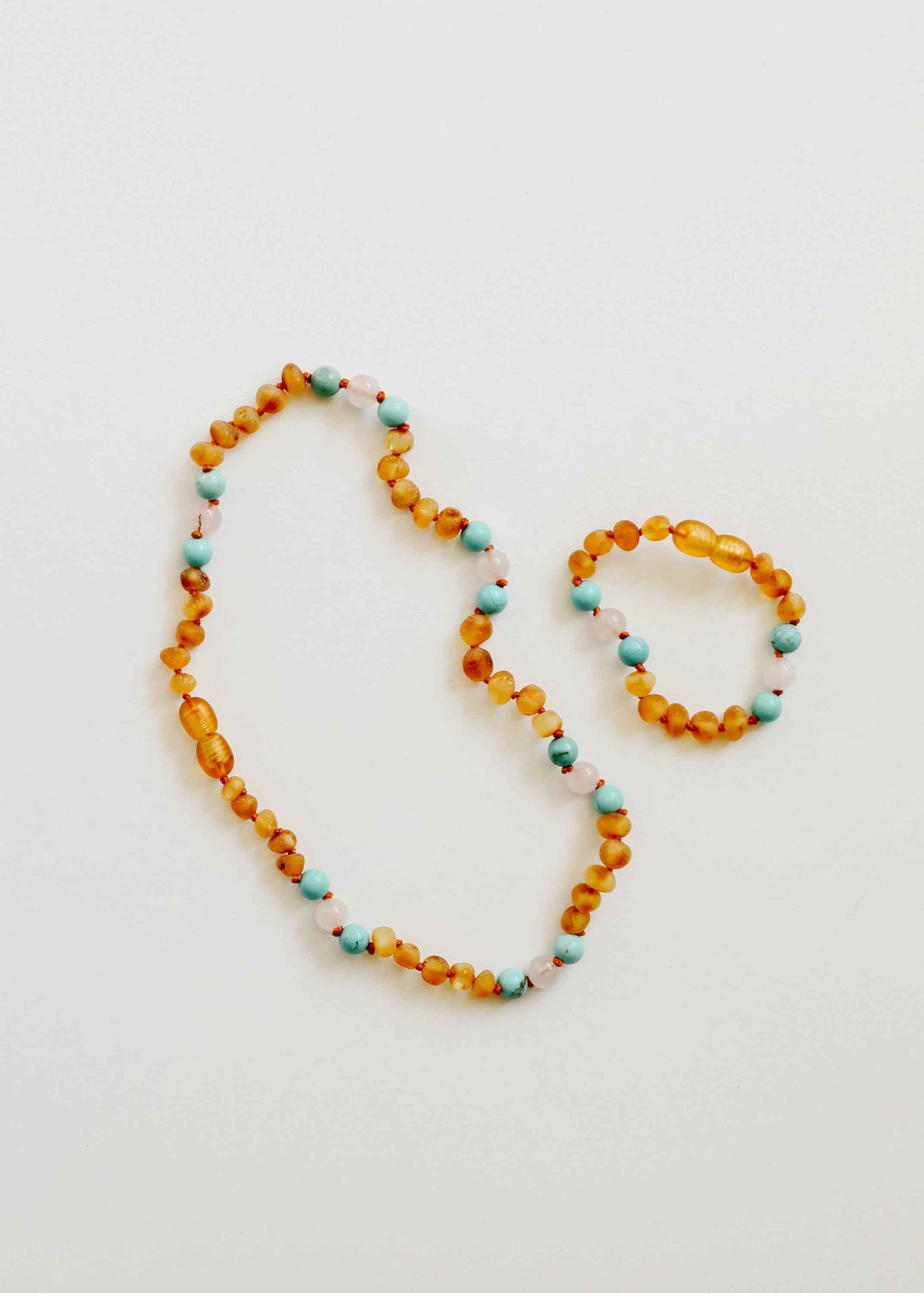 Raw Honey Baltic Amber and Natural Turquoise + Rose Quartz || Necklace