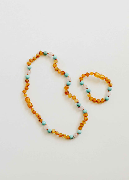 Raw Honey Baltic Amber and Natural Turquoise + Rose Quartz || Necklace