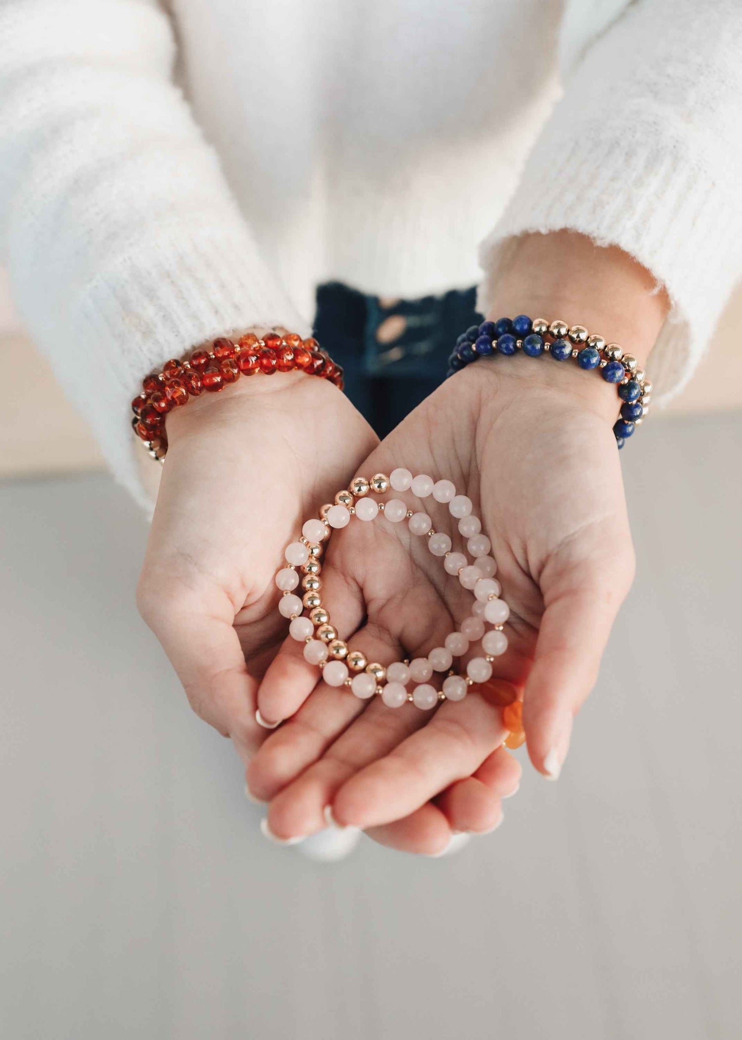 Rose Quartz : 14k Gold Filled Sun + Moon || Stretch Bracelets