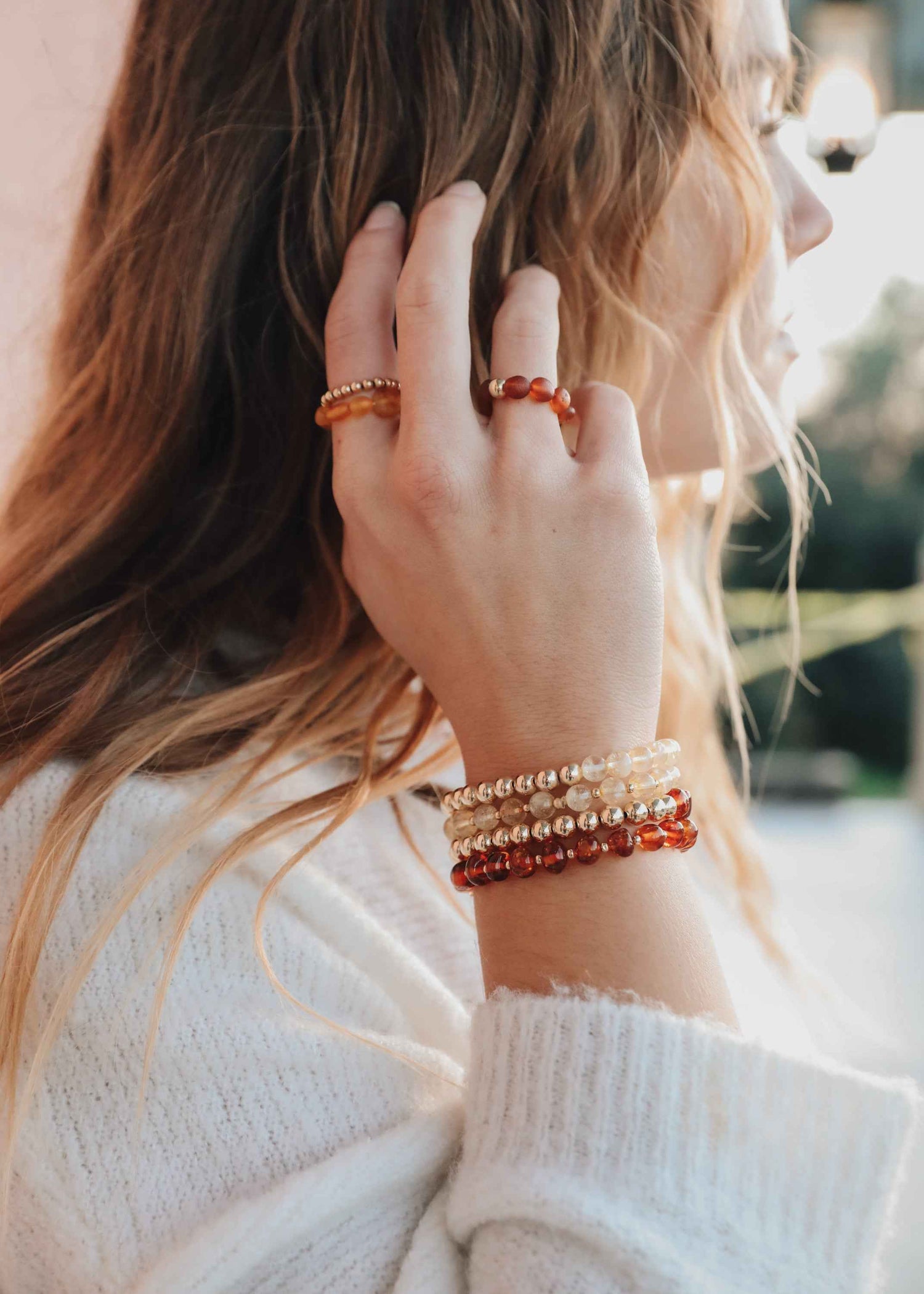 Baltic Sea Amber : 14k Gold Filled Beaded Sun + Moon || Adult Bracelets