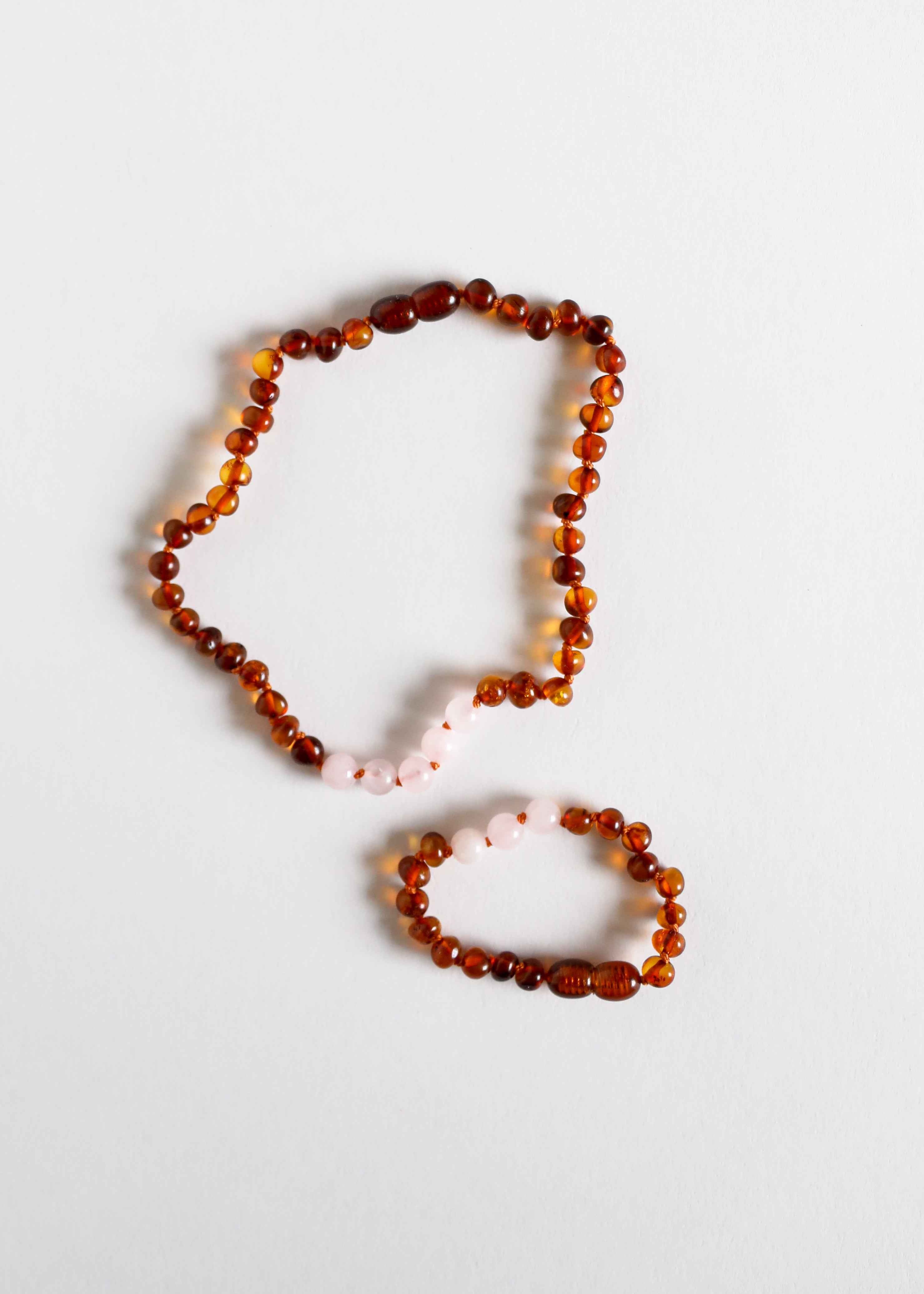 Polished Cognac Baltic Amber + Rose Quartz || Anklet or Bracelet