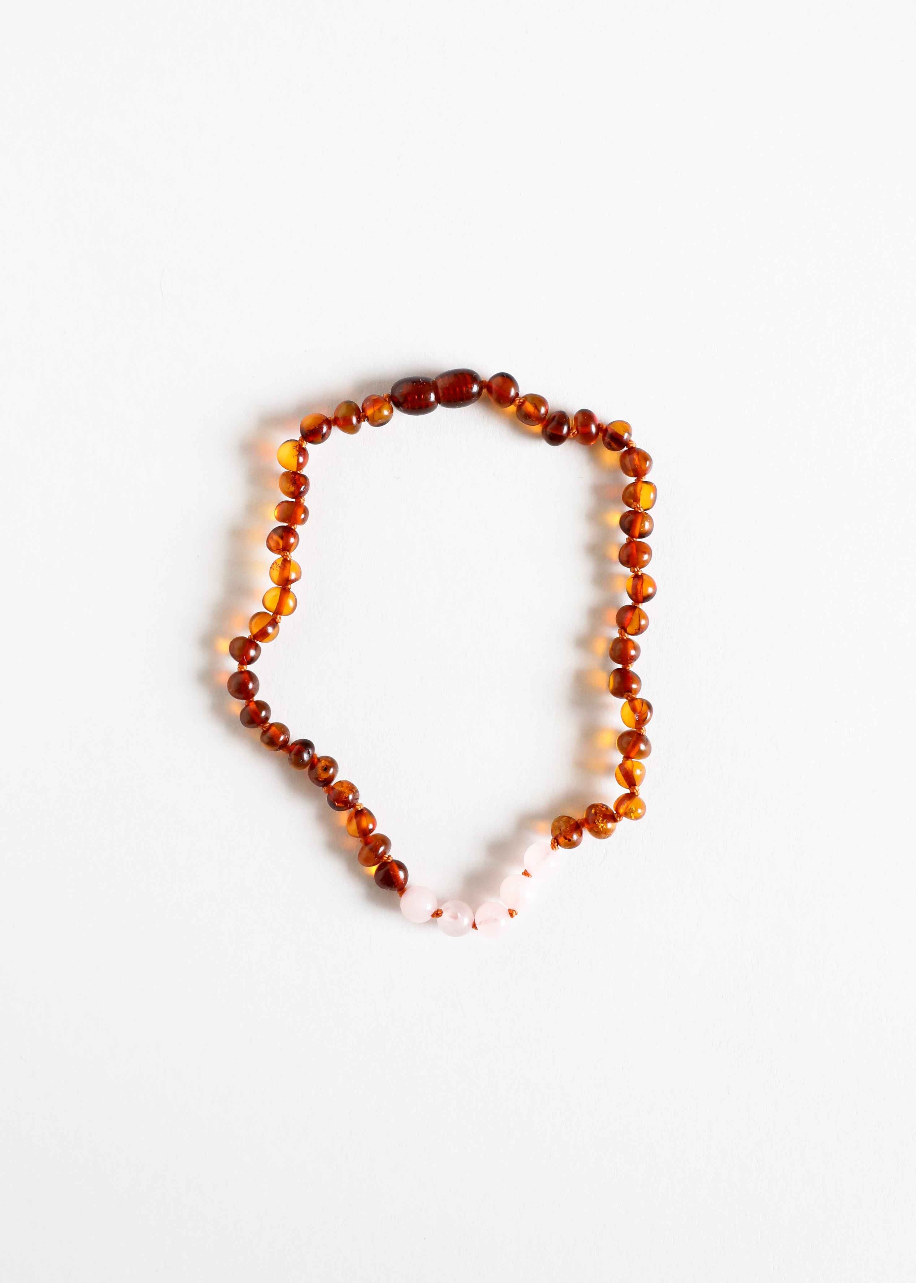 Polished Cognac Baltic Amber + Rose Quartz || Necklace