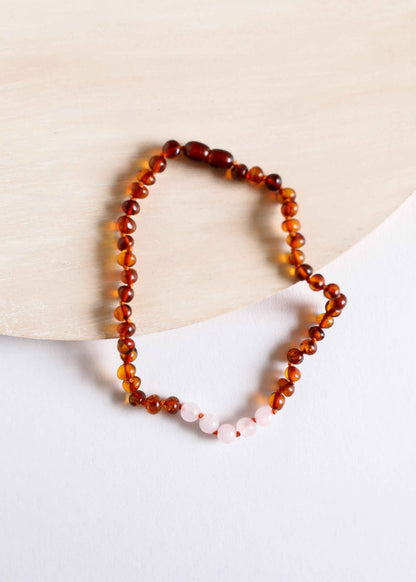 Polished Cognac Baltic Amber + Rose Quartz || Necklace