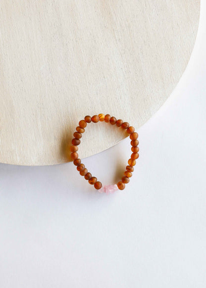 Raw Cognac Baltic Amber + Raw Rose Quartz || Adult Bracelet