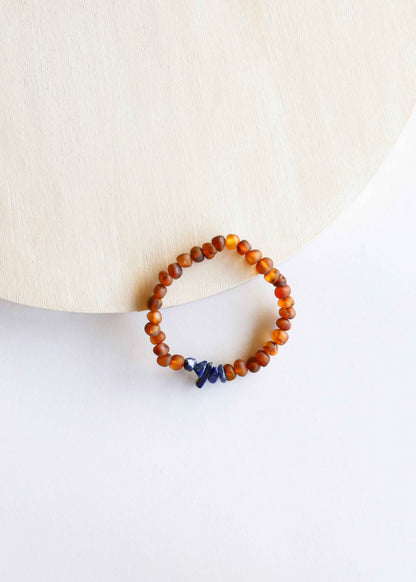 Raw Cognac Baltic Amber + Lapis Lazuli || Adult Stretch Bracelet