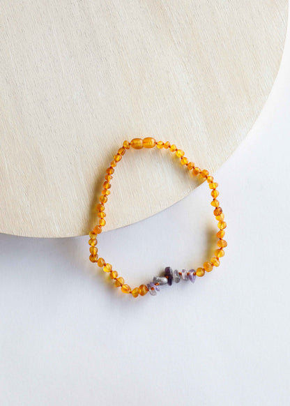Raw Honey Baltic Amber + Raw Amethyst || Necklace