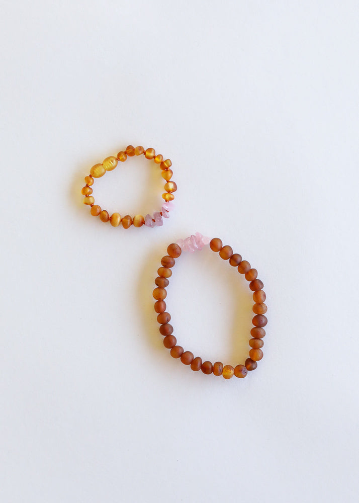 Raw Cognac Baltic Amber + Raw Rose Quartz || Bracelet Set by CanyonLeaf