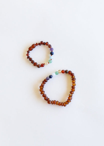 Raw Cognac Baltic Amber + CHAKRA Crystals || Bracelet Set by CanyonLeaf