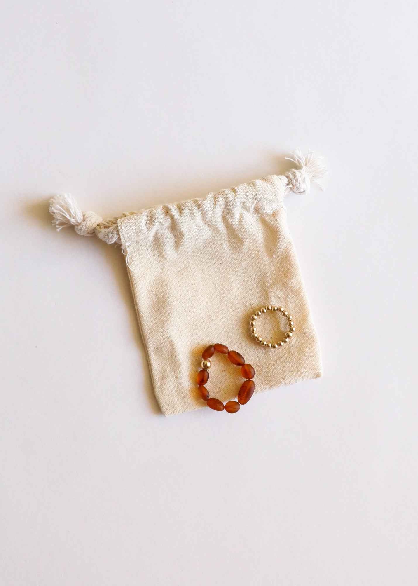Raw Cognac Baltic Amber + 14K Gold Filled Beaded Ring Stack