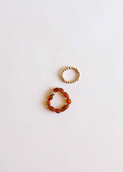 Raw Cognac Baltic Amber + 14K Gold Filled Beaded Ring Stack