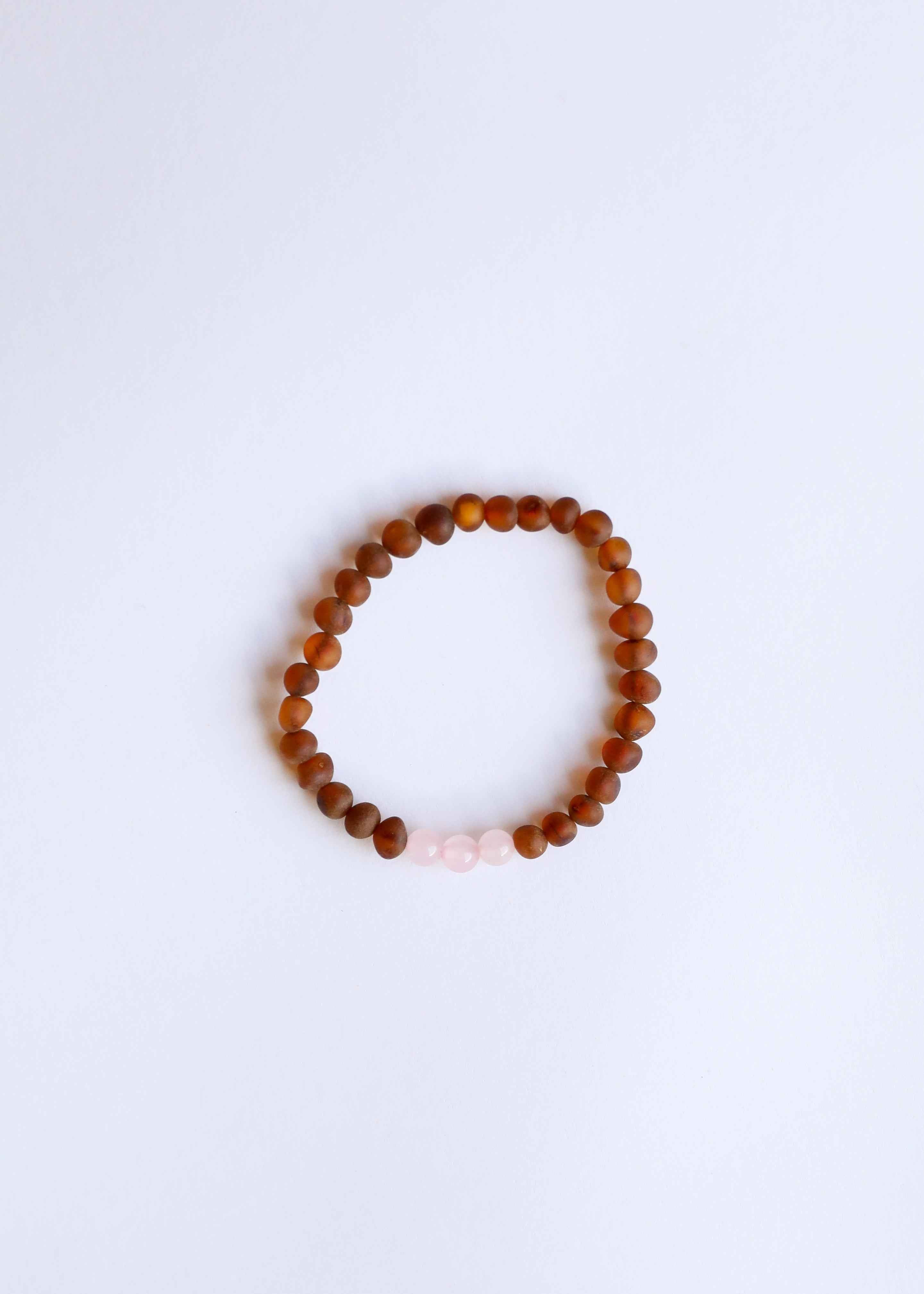 Raw Cognac Baltic Sea Amber + Rose Quartz || Adult Bracelet
