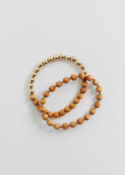 Cypress Wood : 14k Gold Filled Sun + Moon || Stretch Bracelet