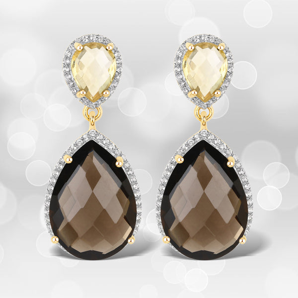 21.12 Carat Genuine Smoky Quartz, Citrine and White Topaz .925 Sterling Silver Earrings  DestGlow