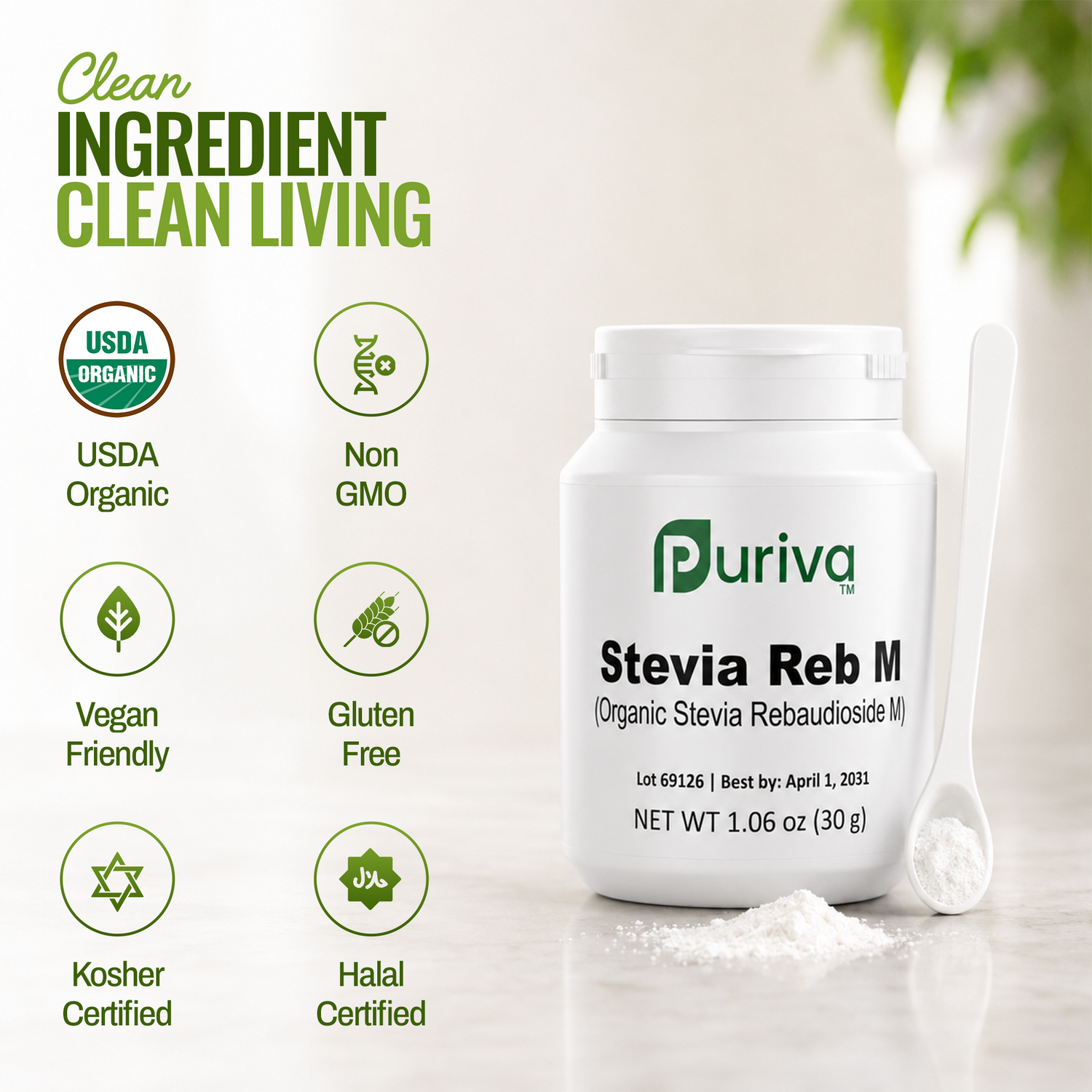 Stevia Reb M powder, (Reb-M | Rebaudioside M), 60 grams | 2,000 servings, Puriva Nutrition - DestGlow
