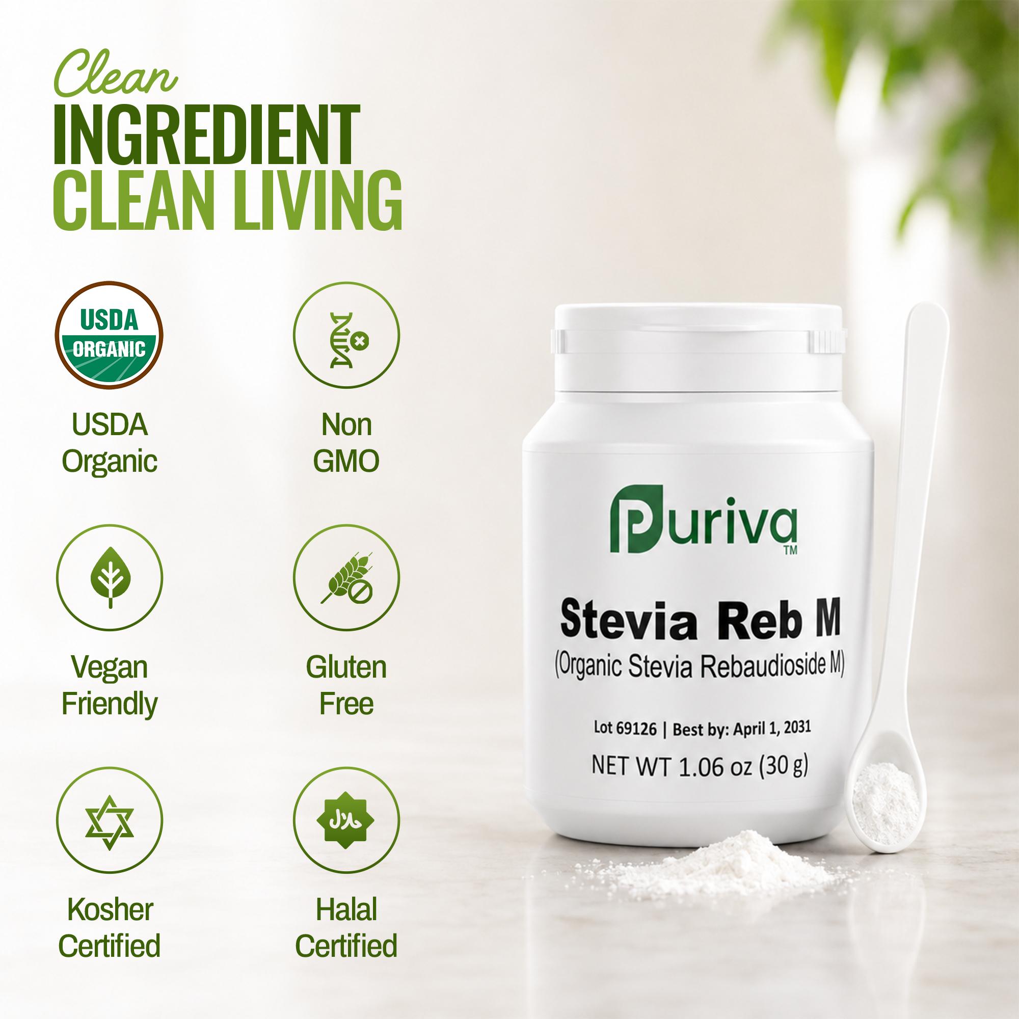Stevia Reb M powder, (Reb-M | Rebaudioside M), 60 grams | 2,000 servings, Puriva Nutrition - DestGlow