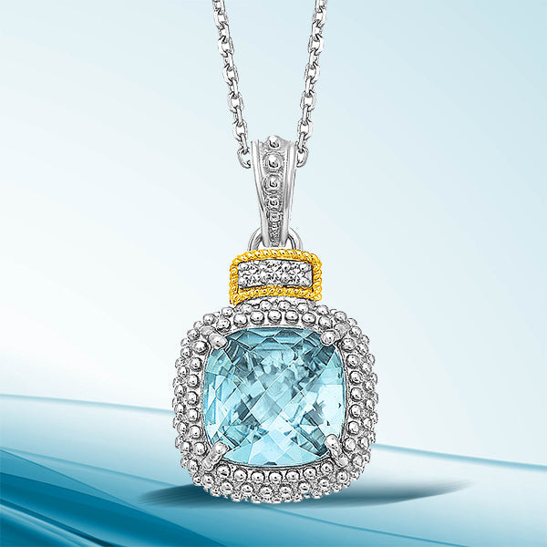 18k Yellow Gold &amp; Sterling Silver Popcorn Sky Blue Topaz and Diamond Pendant  DestGlow