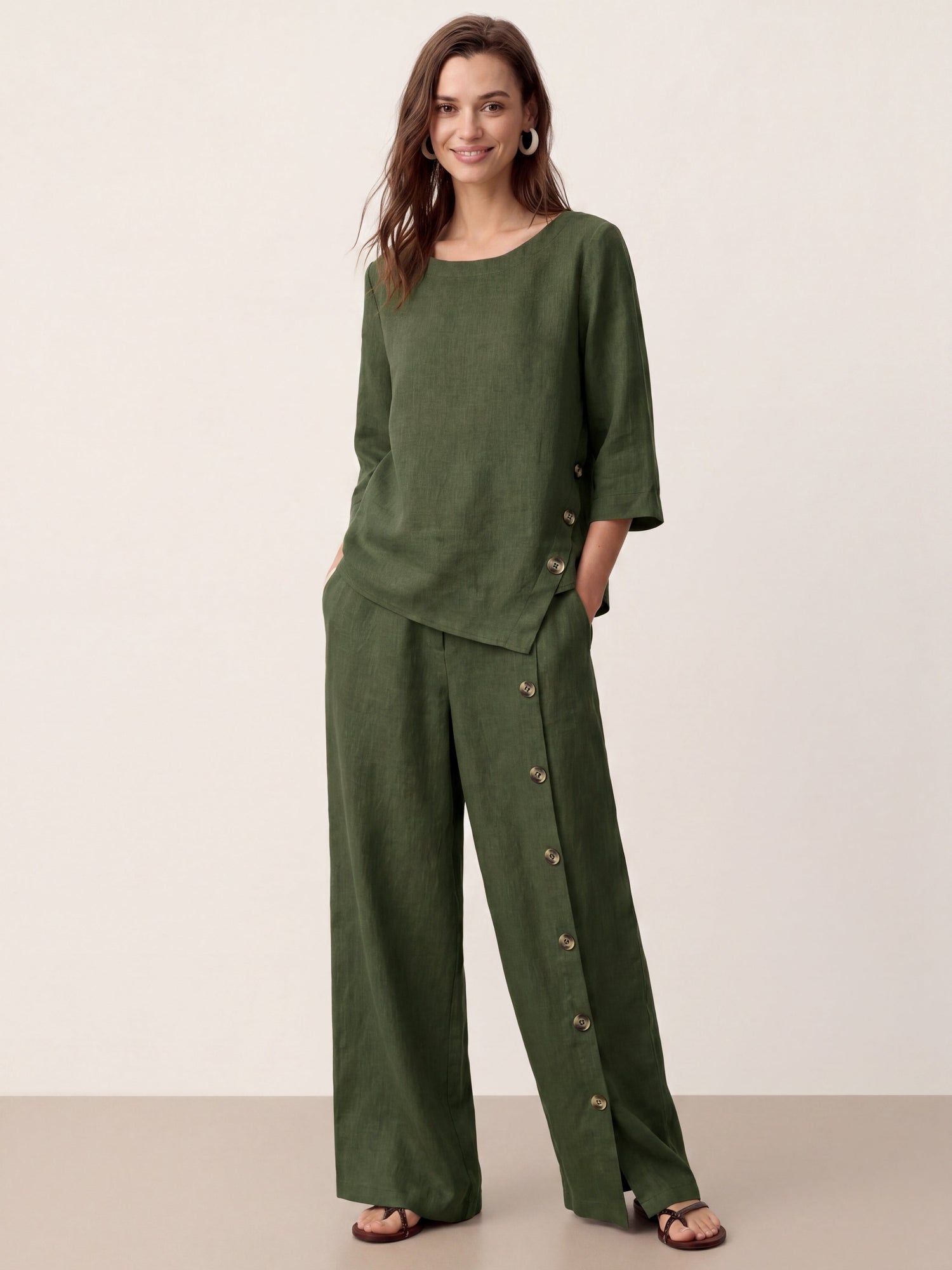 100% Linen Buttoned Slit-Hem Pants KATYA  DestGlow