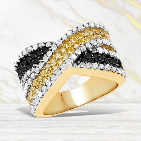 14K Yellow Gold Plated 1.58 Carat Genuine Black Diamond, White Diamond &amp; Yellow Diamond .925 Sterling Silver Ring by Bids.com