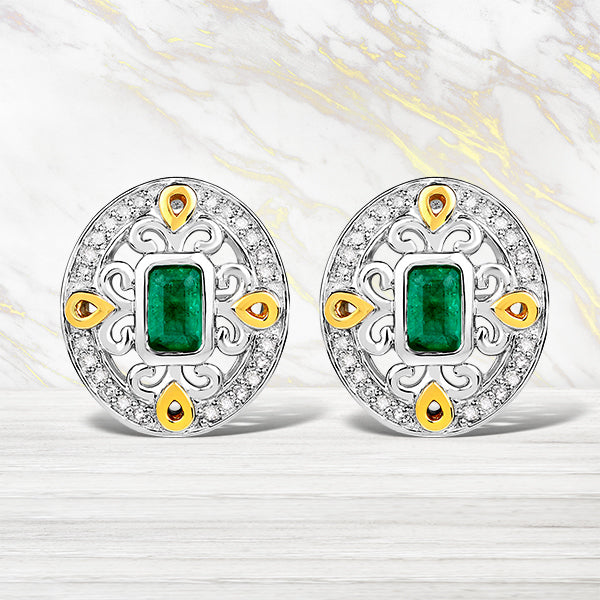0.69 Carat Genuine Zambian Emerald and White Diamond .925 Sterling Silver Earrings by Bids.com