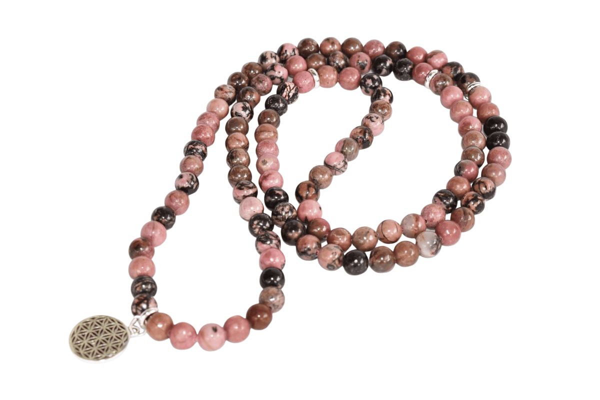 Rhodonite Beads Mala Bracelet, 108 Prayer Beads Necklace (Balances yin-yang and Compassion)  DestGlow