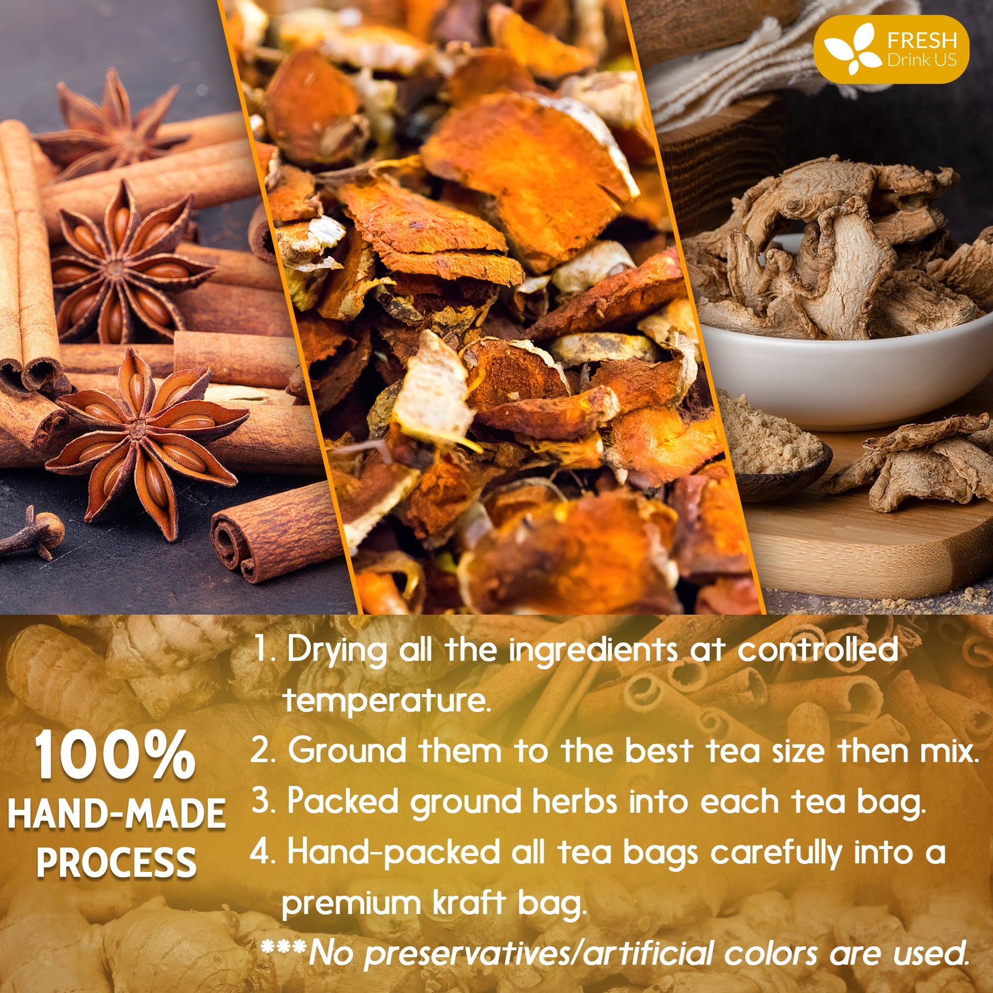 Turmeric, Ginger, Cinnamon Tea, Tea Bags, 100% Natural, Hand-made Blend of Turmeric, Ginger, and Cinnamon. Eco-conscious Tea Bags. Turmeric Ginger Herbal Tea. No Sugar, No Caffeine, No Gluten, Vegan. by FreshDrinkUS - Natural and Premium Herbal Tea