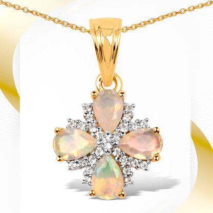 14K Yellow Gold Plated 1.19 Carat Genuine Ethiopian Opal and White Topaz .925 Sterling Silver Pendant  DestGlow