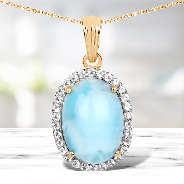 14K Yellow Gold Plated 13.55 Carat Genuine Larimar and White Topaz .925 Sterling Silver Pendant by Bids.com