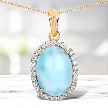 14K Yellow Gold Plated 13.55 Carat Genuine Larimar and White Topaz .925 Sterling Silver Pendant by Bids.com