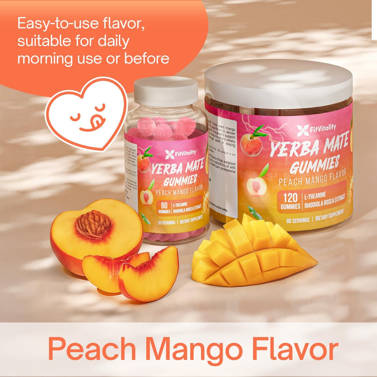 Yerba Mate Gummies – Super Focus &amp; Energy Support – Formulated with Yerba Mate Extract, L-Theanine, Rhodiola, Ginseng, Choline, B12 – Peach Mango Flavor by FreshDrinkUS - Natural and Premium Herbal Tea