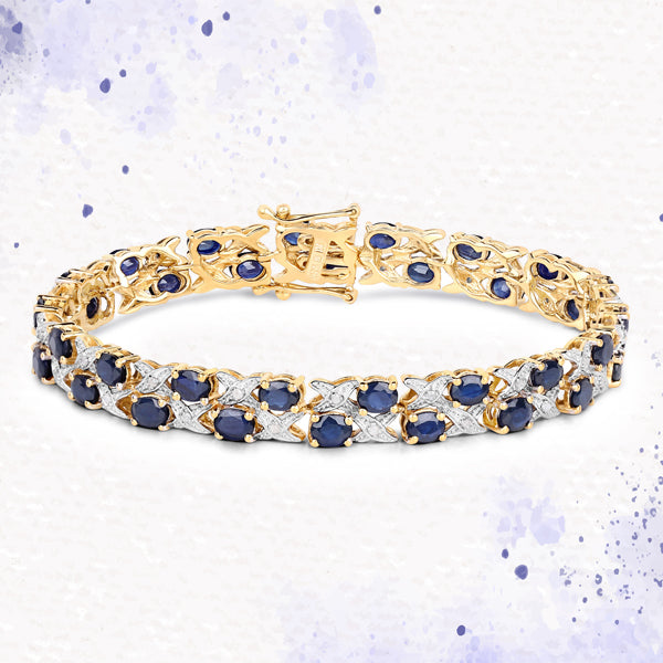 14K Yellow Gold Plated 12.53 Carat Genuine Blue Sapphire and White Diamond .925 Sterling Silver Bracelet by Bids.com