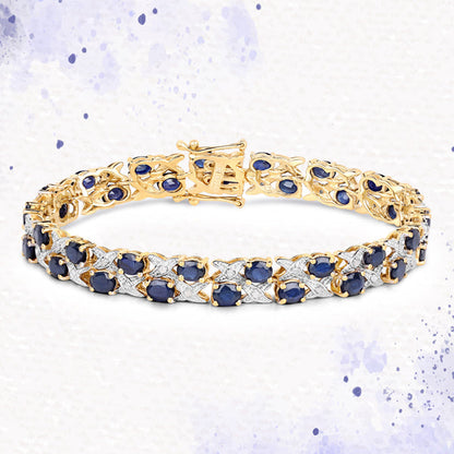 14K Yellow Gold Plated 12.53 Carat Genuine Blue Sapphire and White Diamond .925 Sterling Silver Bracelet by Bids.com