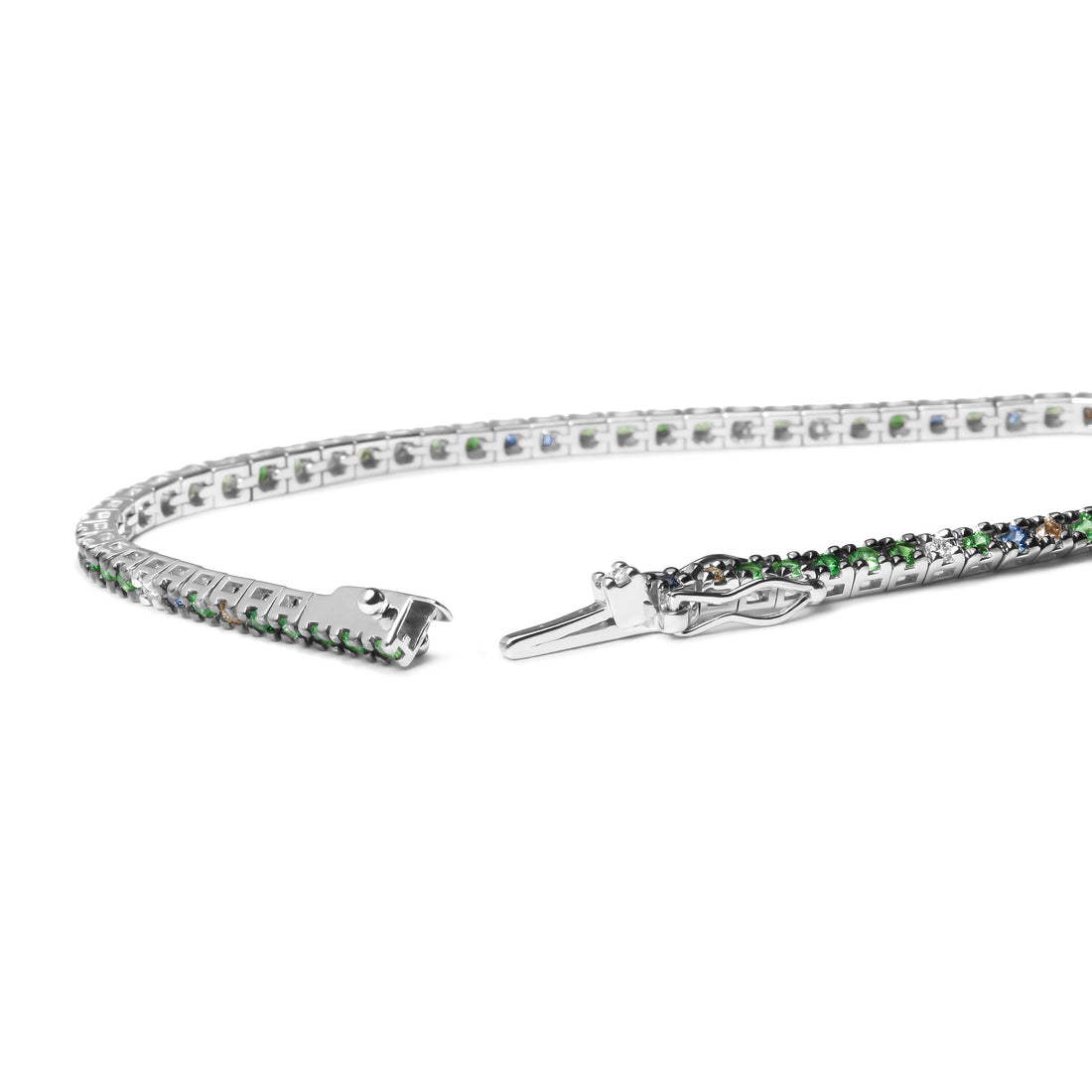 18K White Gold 3/8 Cttw Diamond with Blue Sapphire and Green Tsavorite Gemstone Multi-Colored Tennis Bracelet (Brown and G-H Color, SI1-SI2 Clarity) - Size 7" by Bids.com