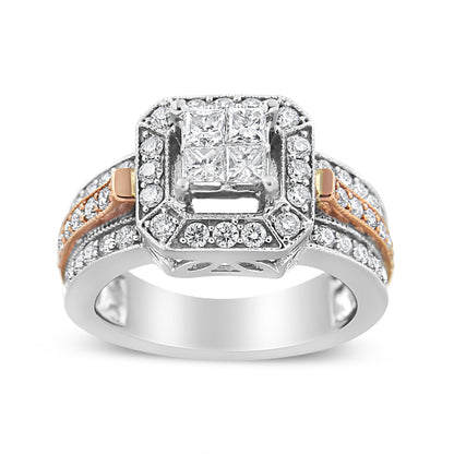 14K White and Rose Gold 1 1/8 Cttw Princess and Round-Cut Diamond Art Deco Style Triple Shank Halo Cocktail Ring (I-J Color, SI2-I1 Clarity) - Size 7 by Bids.com