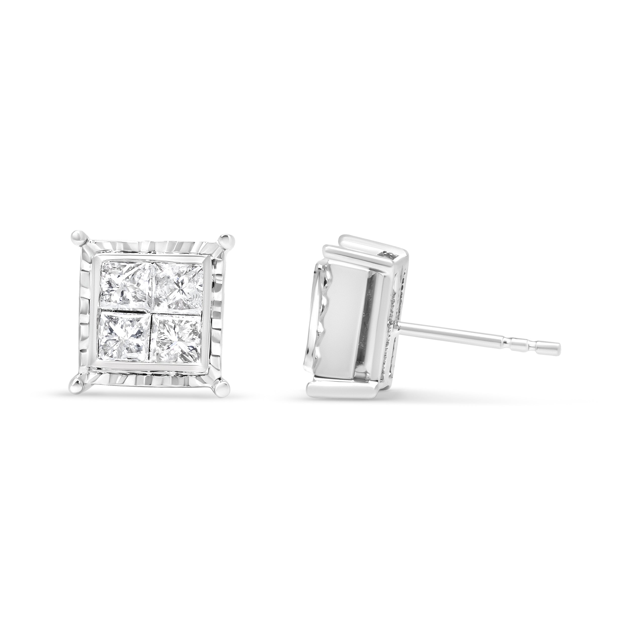 14K White Gold 1 1/2 Cttw Invisible Set Princess-Cut Diamond Contemporary Wavy Quad Stud Earrings (I-J Color, I1-I2 Clarity) by Bids.com
