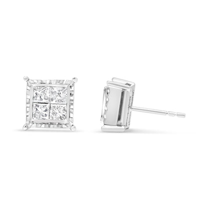 14K White Gold 1 1/2 Cttw Invisible Set Princess-Cut Diamond Contemporary Wavy Quad Stud Earrings (I-J Color, I1-I2 Clarity) by Bids.com