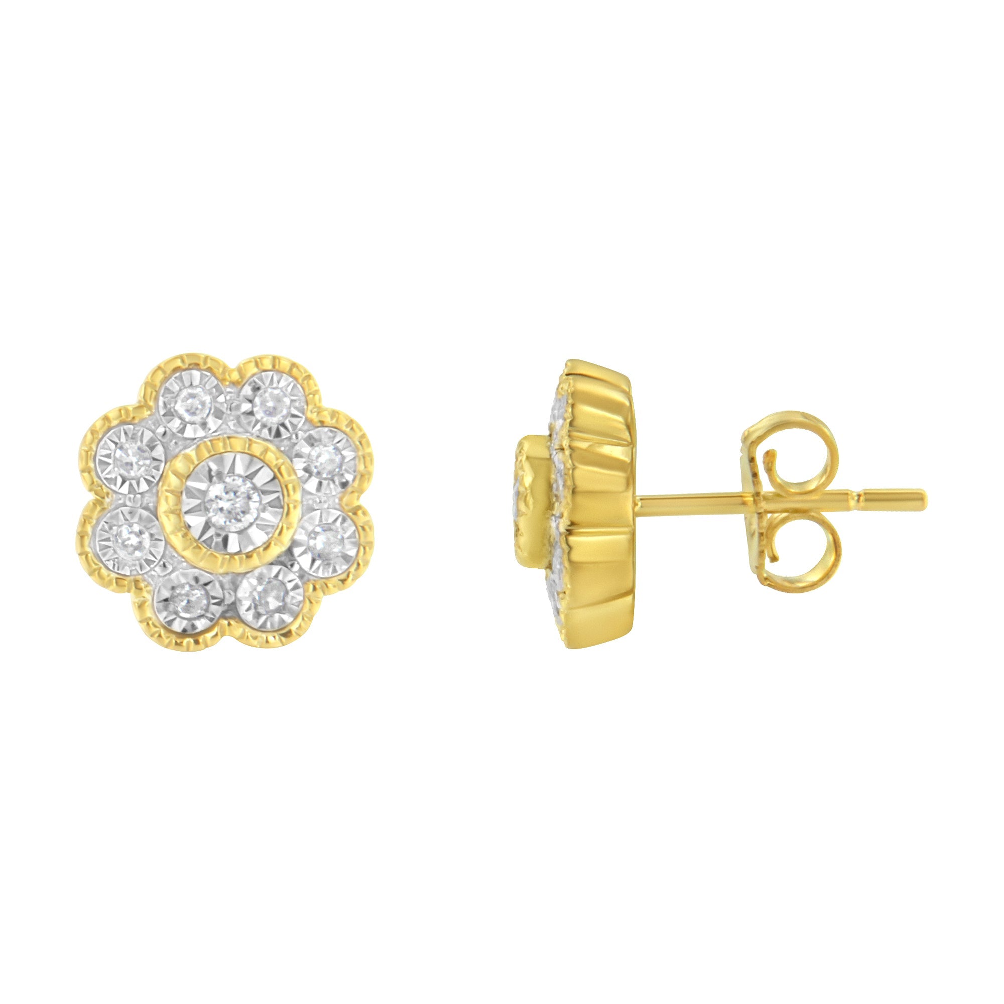 14K Yellow Gold Plated .925 Sterling Silver 1/6 Cttw Miracle-Plate Set Diamond Floral Stud Earrings (I-J Color, I2-I3 Clarity) by Bids.com