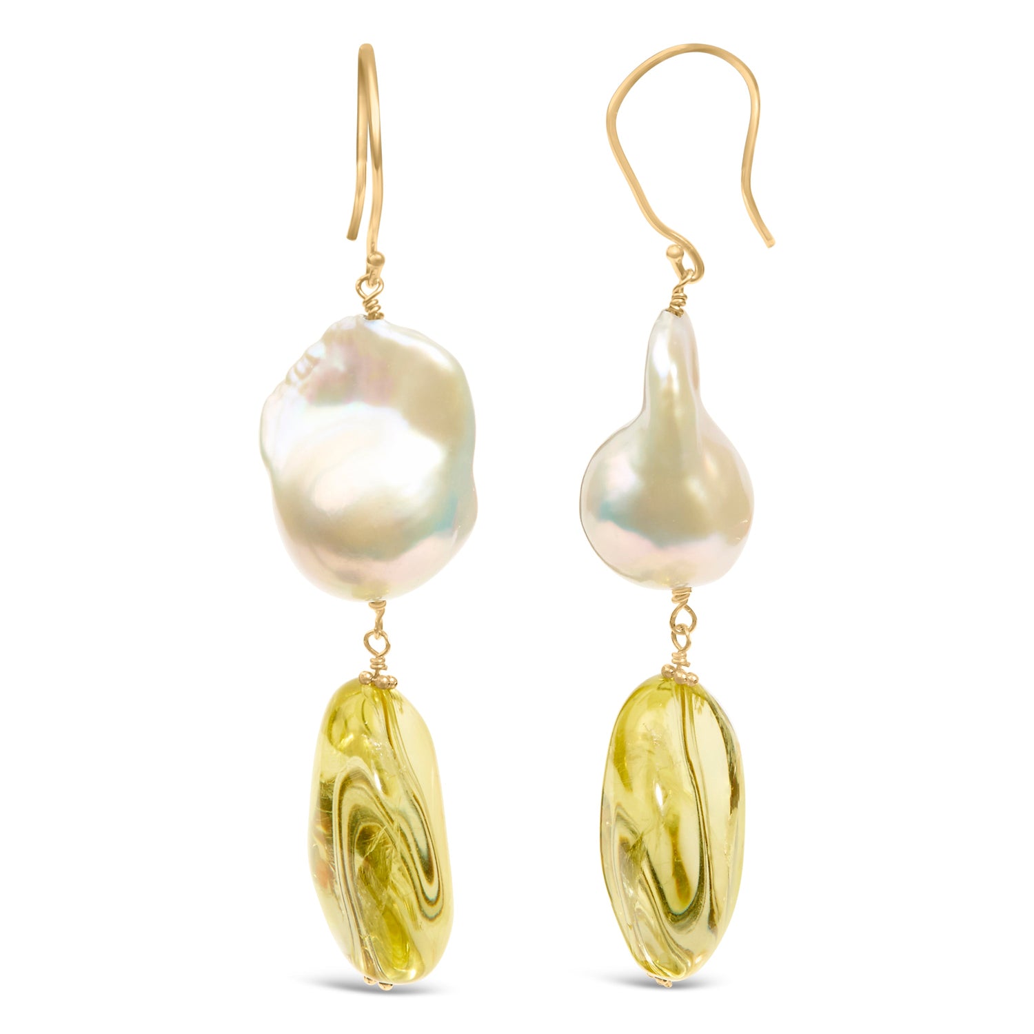 14K Yellow Gold Citrine and Baroque Pearl Drop and Dangle Earrings 1 3/4 Inch Dangle by Bids.com