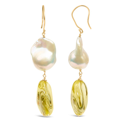14K Yellow Gold Citrine and Baroque Pearl Drop and Dangle Earrings 1 3/4 Inch Dangle by Bids.com