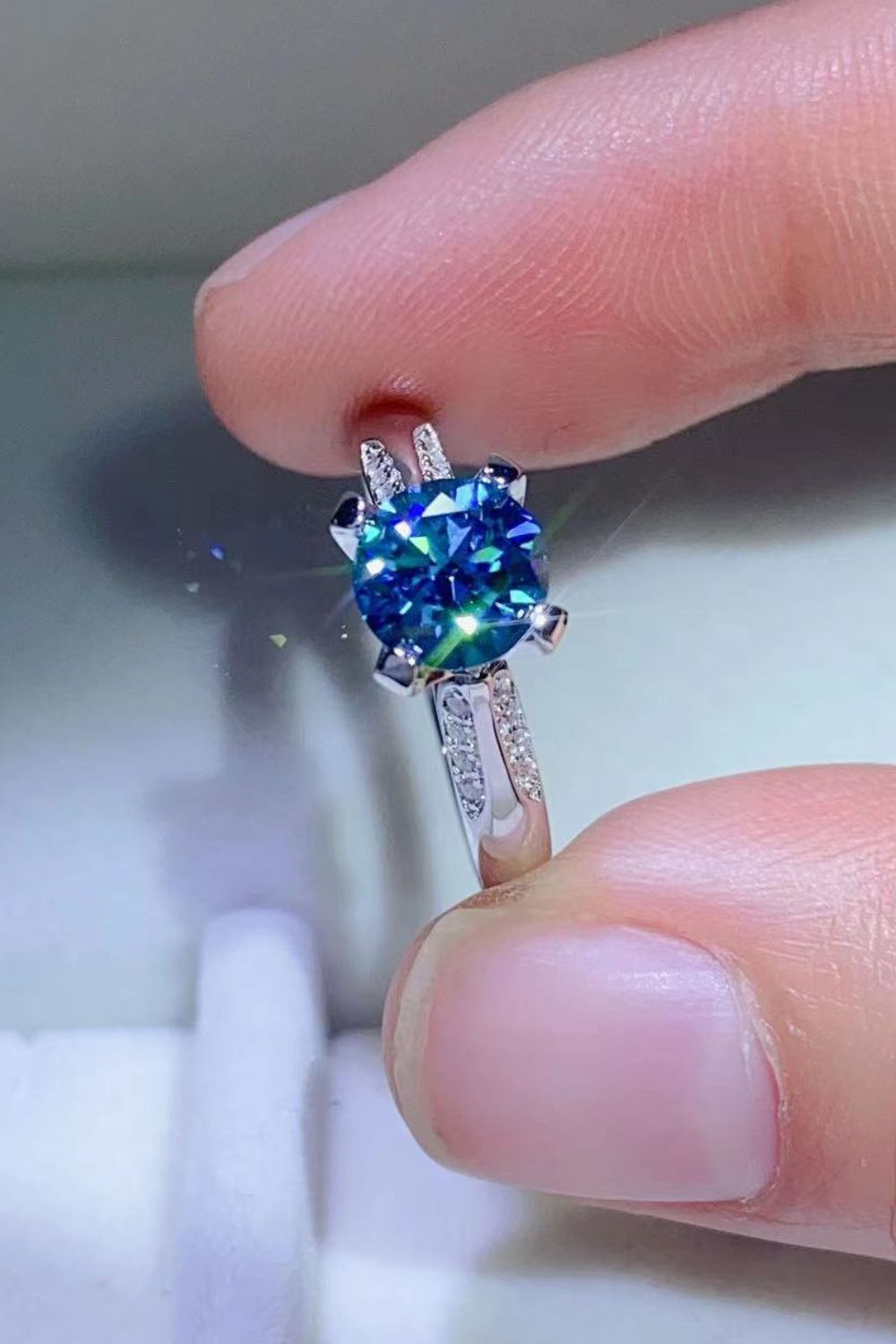 1 Carat Blue Brilliant Round Cut Sparkala™ 4-Prong Ring by Sparkala