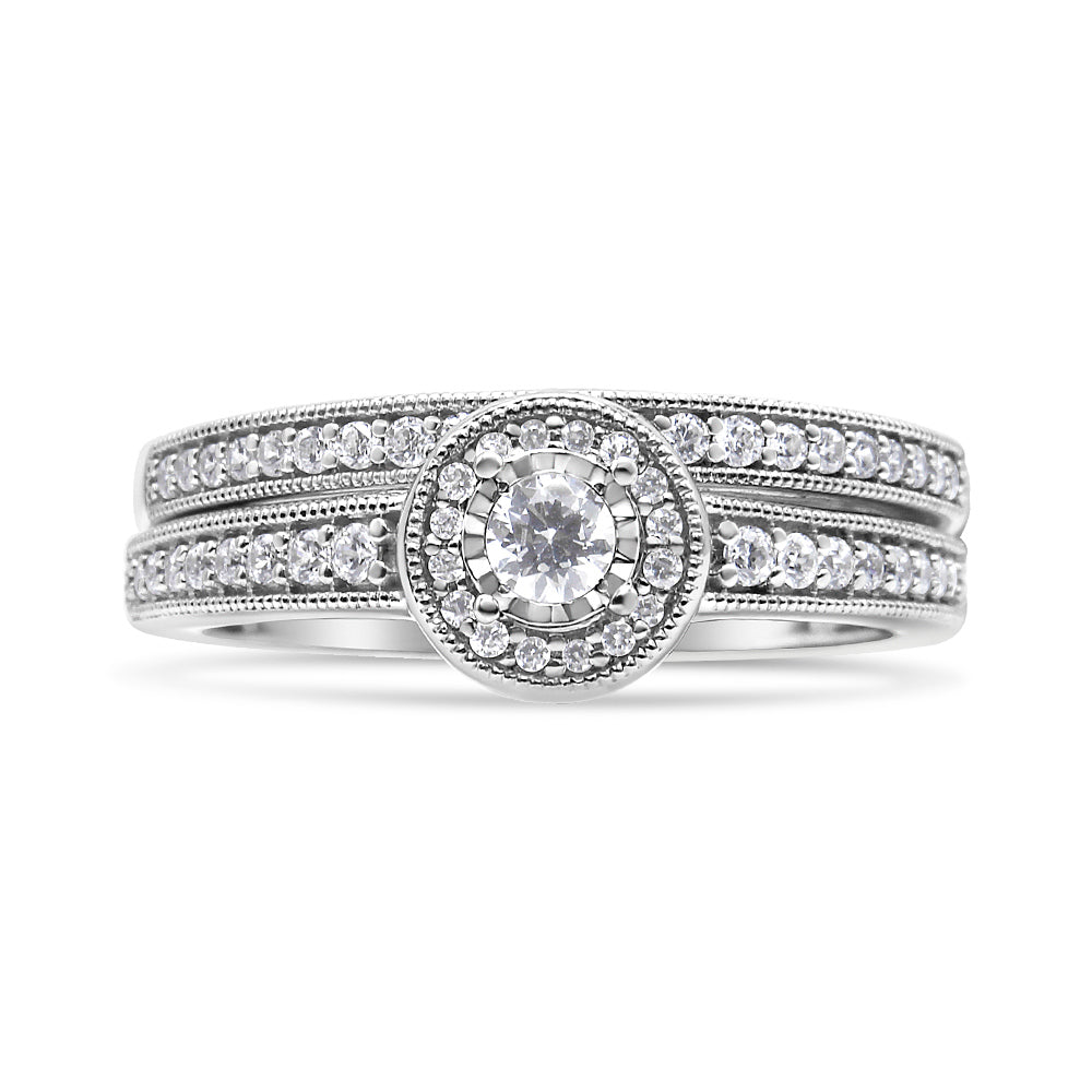 .925 Sterling Silver 1/2 Ctw Diamond Halo and Milgrain Engagement Ring Bridal Set (I-J Color, I3 Clarity) - Ring Size 7 by Bids.com