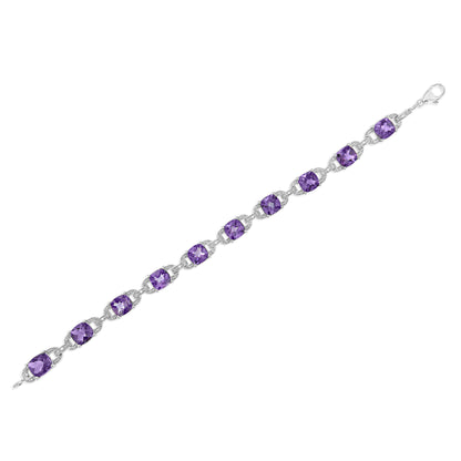.925 Sterling Silver 7mm Cushion Cut Amethyst Gemstone and Diamond Tennis Link Bracelet (I-J Color, I1-I2 Clarity) - Size 7" by Bids.com