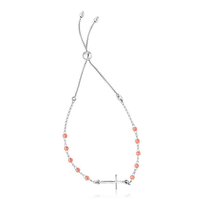 Sterling Silver White and Rose Finish Adjustable Bracelet with Cross by Bids.com