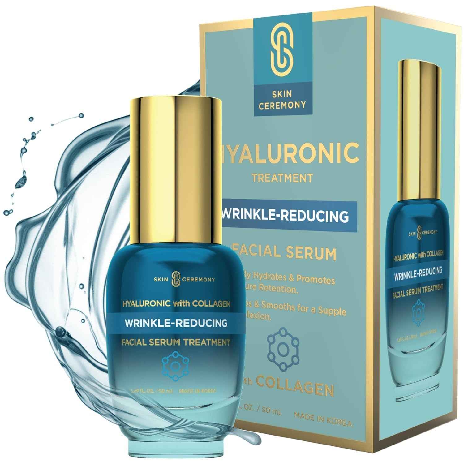 Hyaluronic Acid &amp; Collagen Wrinkle Reducing Serum - Deep Hydration, Plumps &amp; Smooths Skin - Dermatologist Tested, Clean Beauty, Korean Skin Care - 1.69 FL.OZ.